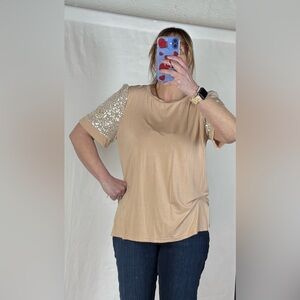 White Birch Beige Top with Sequin Sleeves